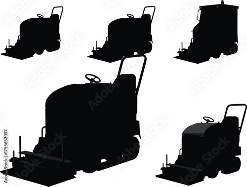 Industrial floor cleaning machine silhouette, automatic scrubber equipment, heavy-duty cleaner for warehouse maintenance, professional hygiene concept, flat vector