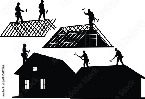 Construction workers building roof structure silhouette, carpenters working on house frame, home renovation and repair vector illustration