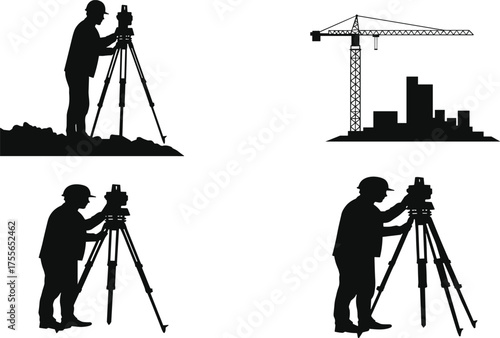 Land surveyor silhouettes with tripod equipment at construction site, crane, city skyline, engineering, measurement, flat vector illustration