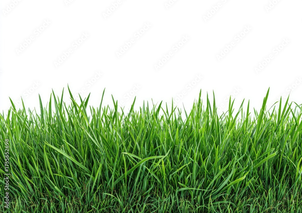 Fototapeta premium Lush, vibrant green grass blades form a horizontal border against a stark white background