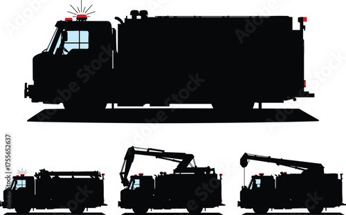 Industrial service truck silhouette set, construction crane vehicle, heavy equipment transport, utility maintenance machinery, flat vector illustration