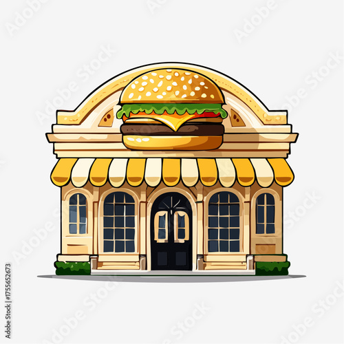 Illustration of a cartoon burger restaurant building on a white backdrop