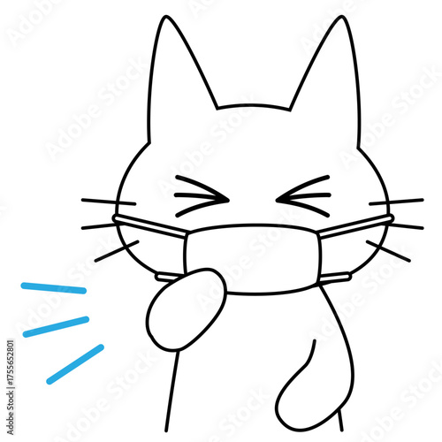 マスクを着用して咳き込んでいる白猫のキャラクターイラスト