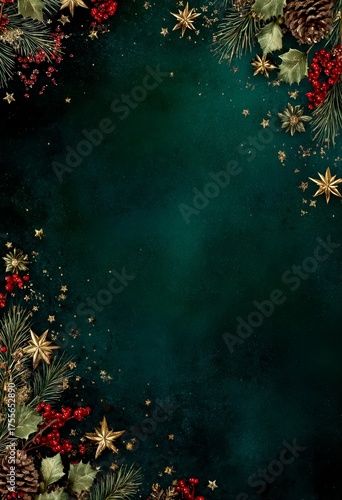 dark green background with christmas decorations at the edges, golden stars and pine cones, red berries, and mistletoe leaves, creating an elegant border for festive designs. 