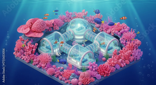 A futuristic underwater habitat surrounded by vibrant coral reefs, teeming with colorful fish and bathed in sunlight filtering through the ocean