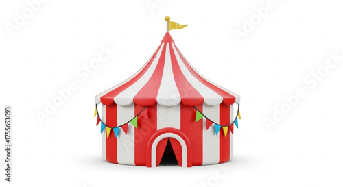 A whimsical red and white striped circus tent with a yellow flag, perfect for adding a touch of fun and excitement to any design