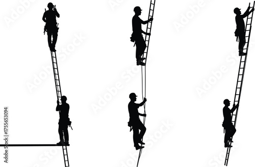 Construction workers climbing ladders on building site, teamwork, safety harness, industrial labor silhouettes, construction vector illustration