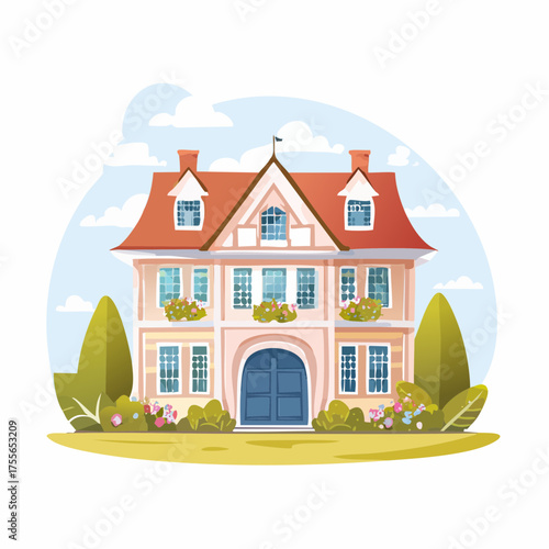 Illustration of a house with red roof windows and front garden