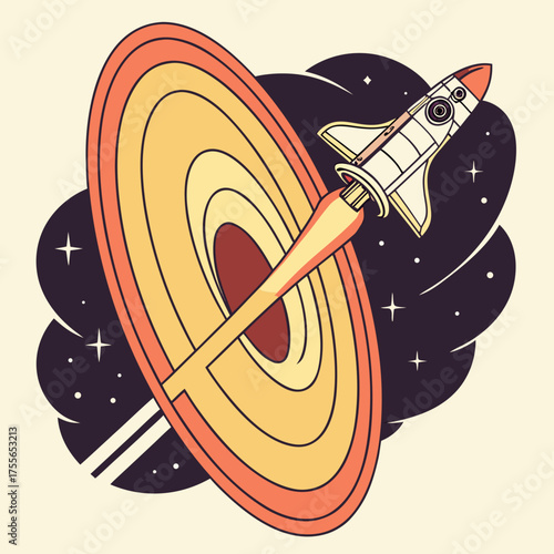 A rocket ship blasting through a black hole in outer space illustration