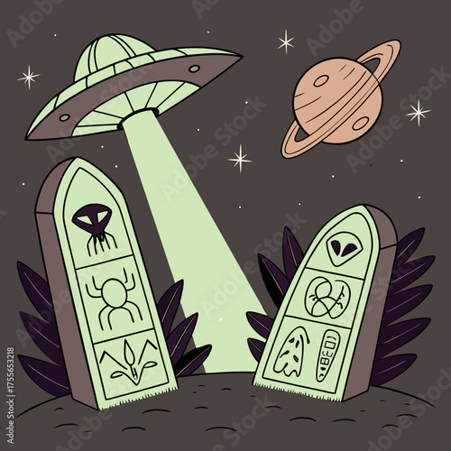 An alien civilizations ancient tomb with ufo and planet in the background