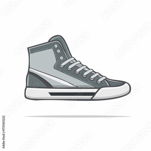 Illustration of a high top sneaker in shades of grey and white on a plain background