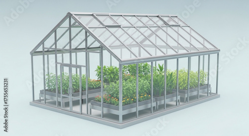 A bright and airy 3d rendering of a greenhouse, showcasing lush plants and a modern glass structure
