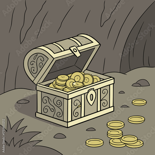 An open treasure chest overflowing with gold coins in a cave setting
