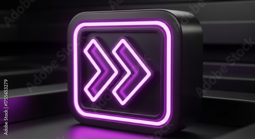 A futuristic 3d rendering of a fast forward icon, featuring neon purple lights and a sleek black design on a dark background