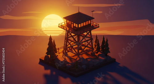A fire lookout tower at sunset, silhouetted against a large sun over the water, surrounded by trees, 3d render illustration