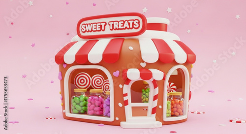 A delightful 3d render of a sweet treats shop, showcasing a charming candy store with a playful design and vibrant colors on pink background