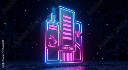 A glowing neon cyber cafe sign with a coffee cup and wifi symbol, creating a modern and inviting atmosphere for tech enthusiasts