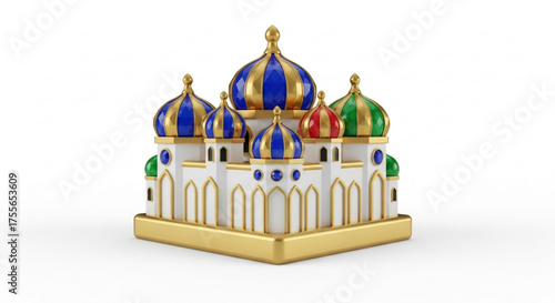 A colorful 3d rendering of a mosque with blue, gold, red, and green domes for religious or cultural themes