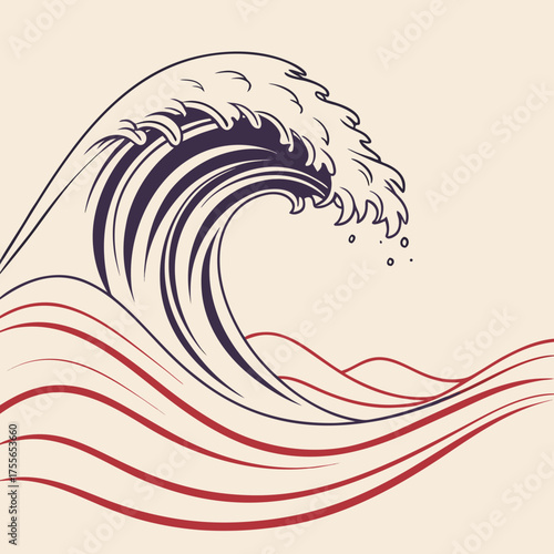 Illustration of a large ocean wave with red lines