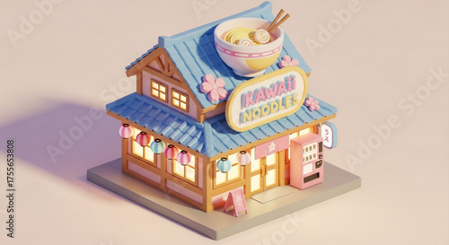 Isometric ramen noodle shop with a charming design, showcasing a delightful culinary experience and a warm, inviting atmosphere in a bright setting