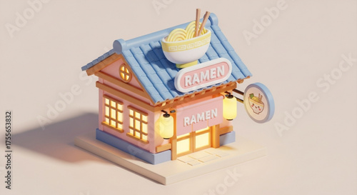 Isometric ramen shop with a delightful design, showcasing a culinary experience and a warm, inviting atmosphere in a bright setting