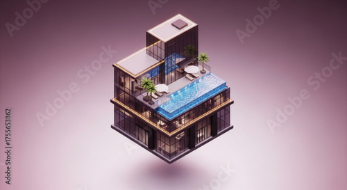 Isometric modern house with swimming pool on the roof and palm trees, 3d rendering of a luxury villa on a pink gradient background