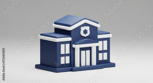 A stylized police station icon with a badge on the front, representing law enforcement and public safety in a cartoon style