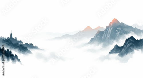 Serene Mountain Landscape A Delicate Ink Wash Painting with Towering Peaks and Misty Valleys