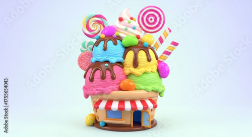 A whimsical ice cream shop with colorful toppings and a playful design, creating a sweet and inviting scene