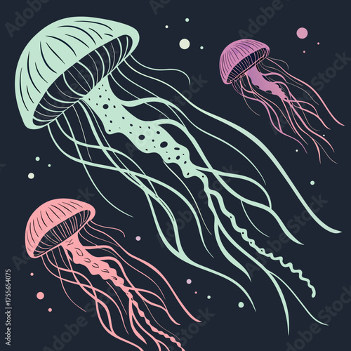 Three jellyfish floating in the deep ocean with a dark blue background