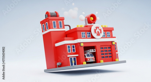 Cartoon fire station with a fire truck, showcasing emergency services and community safety in a playful style