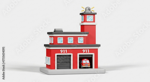 A charming cartoon fire station with a vintage fire truck parked inside, , evoking a sense of community safety