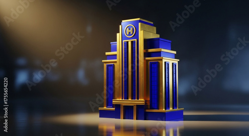 A luxurious hotel building with golden accents, standing tall and proud against a blurred backdrop, showcasing opulence and sophistication