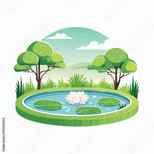 Illustration of a water lily pond surrounded by trees and greenery
