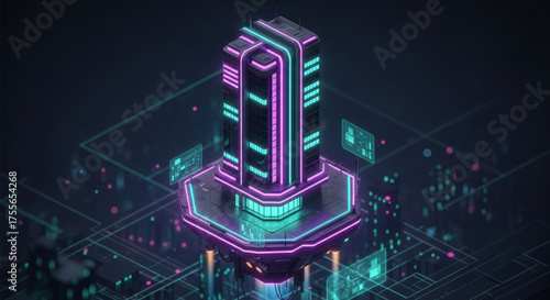 Futuristic server building with neon lights, showcasing advanced technology and data processing capabilities in a vibrant and dynamic environment