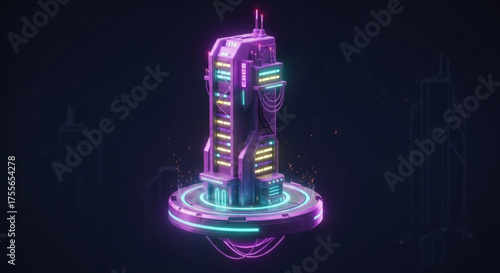 A futuristic cyberpunk building with neon lights and intricate details, showcasing a modern and technologically advanced architectural design