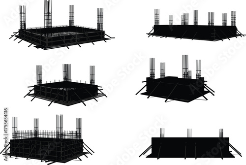 Flat vector illustration of reinforced concrete foundation structure, construction formwork silhouette, building base steel rebar design