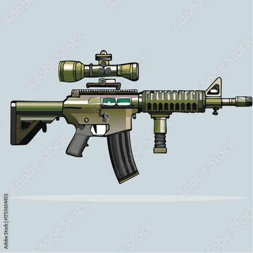 Illustration of an assault rifle with scope in olive green and black