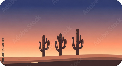 A serene desert landscape with silhouetted cacti against a colorful sunset sky, evoking a sense of tranquility and natural beauty