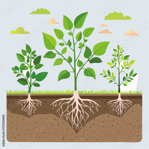 Illustration of growing plants showing roots and foliage on a light background