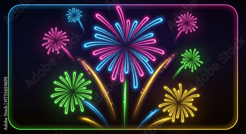 Vibrant neon fireworks exploding against a dark background, creating a festive and celebratory atmosphere