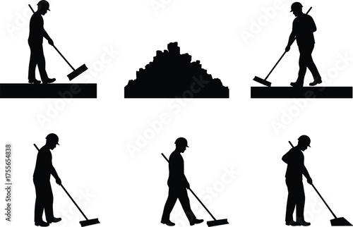Construction worker silhouettes cleaning floor, industrial labor, man sweeping with tool, building maintenance vector, urban construction illustration