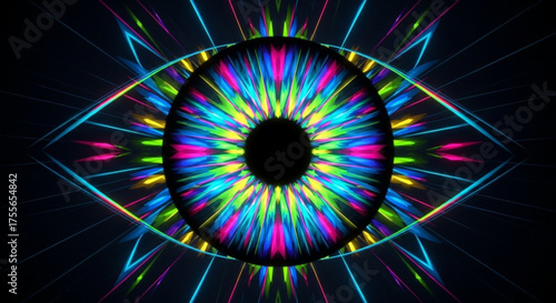 An abstract eye with colorful neon lights and patterns, creating a mesmerizing and futuristic visual experience on a
