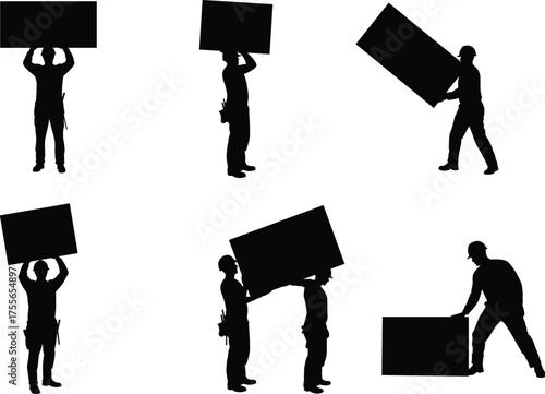 Construction workers lifting and carrying heavy boards silhouette, teamwork concept, industrial labor illustration, safety and strength design