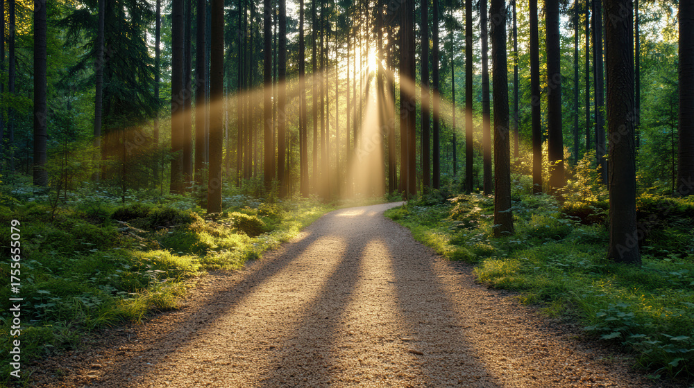 Fototapeta premium Pathway through pine forest with golden sunlight streaming down, creating serene atmosphere