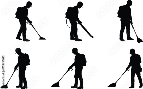 Construction worker cleaning floor using vacuum machine silhouette, industrial maintenance service, safety gear, professional labor illustration, flat vector