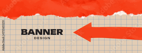 Banner design with torn paper, checkered background, arrow cut out of colored paper. Beige and orange collage background for sale, discount, special offer, black Friday. Paper texture