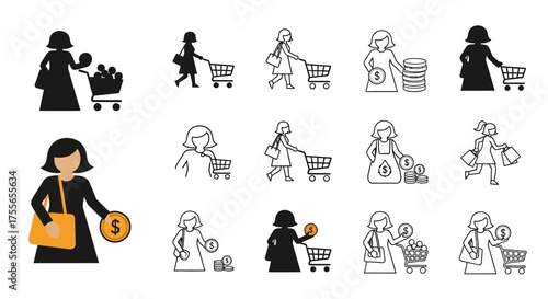 A set of icons in silhouette, line, and color styles showing a woman shopping with a cart and dollar coins.