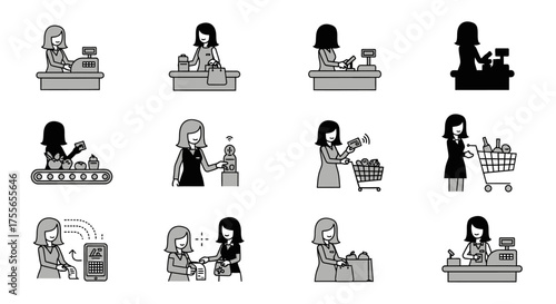 A collection of black and white icons depicting a woman's grocery shopping journey, from filling a cart to checkout and payment.