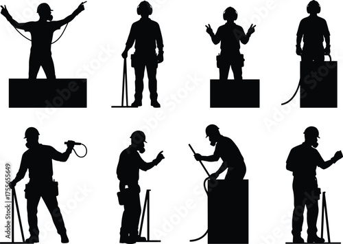 Construction workers using power tools and cables, industrial labor silhouettes, safety equipment operation at building site vector